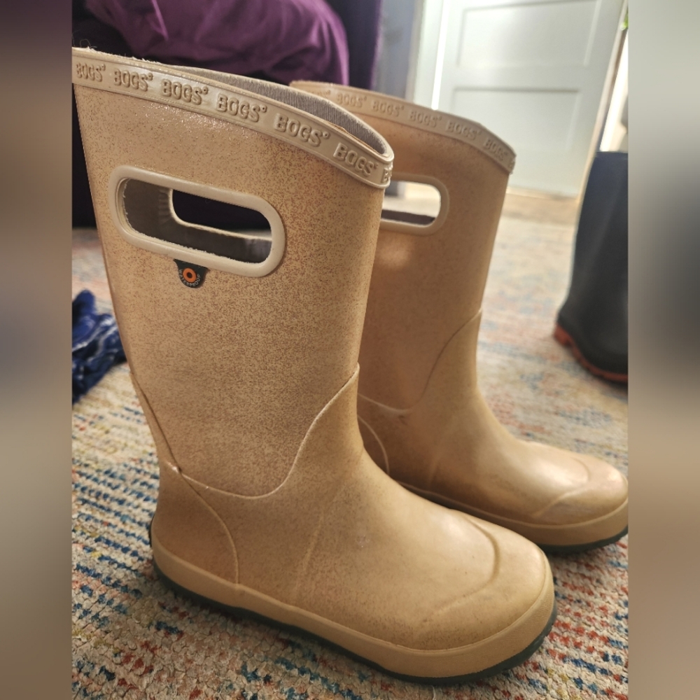 Bogs Ivory Beige Glitter Rain Boots Big Kids Size 4 Youth
